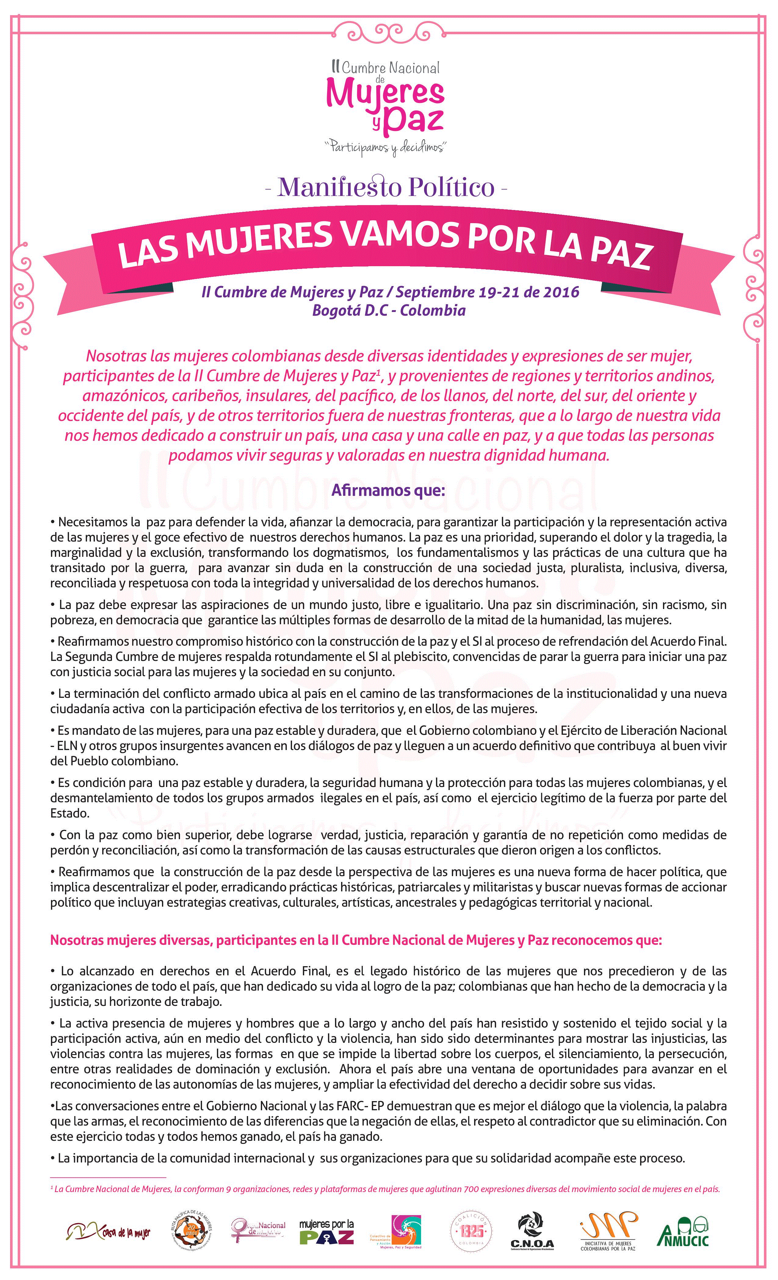 Manifiesto II Cumbre mujeres y paz